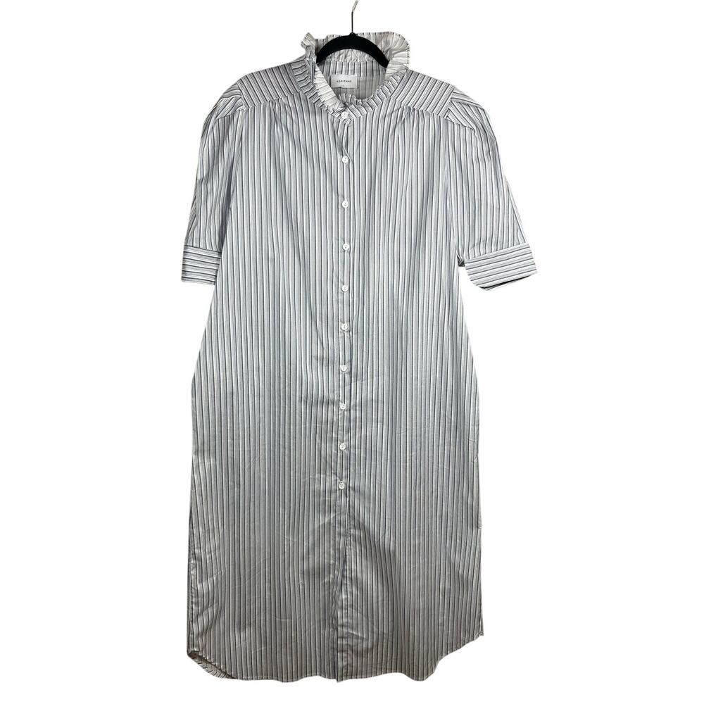 Adrienne Shirt Dress Womens Large White Black Striped Ruffled Collar Button Down